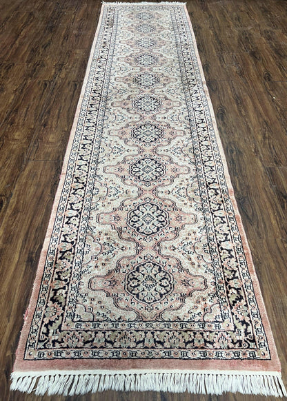 Silk Kashmiri Runner 2.7 x 10 ft Vintage Rug, Ivory Pastel Pink, Hand-Knotted Vintage Runner, Hallway Carpet, Indian Rug Medallion Runner