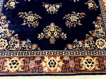 Chinese Wool Rug 8x11, Navy Blue and Terracotta, Floral, Couristan Belgium Power Loomed Carpet