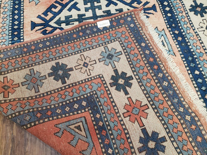 Turkish Kazak Rug 5x8 ft, Bold Geometric Bohemian Carpet, Blue and Ivory Hand Knotted Area Rug, Medium Sized High Quality Wool Oriental Rug