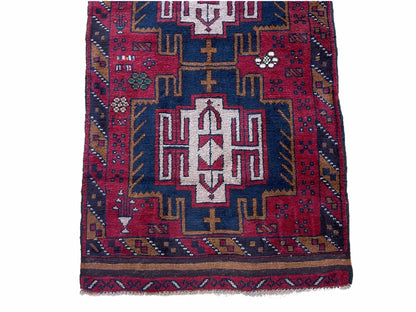 2' 9" X 4' 7" Vintage Handmade Tribal Wool Rug Balouchi Rug Afghan Rug Red Beige