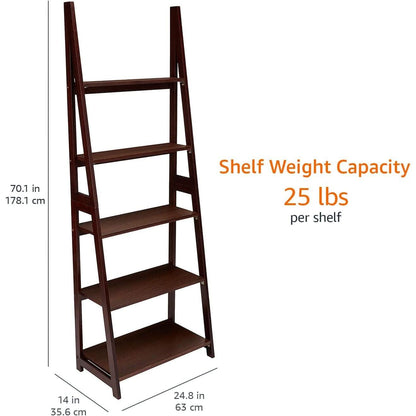 Ladder Bookshelf Organizer Espresso Rubberwood Frame 14 Inch Depth 70 Inch Tall