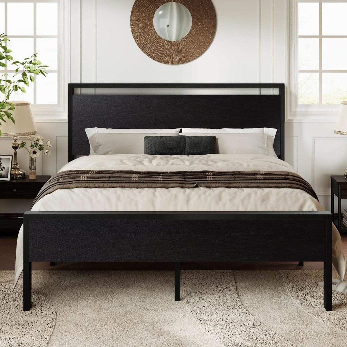 Queen Platform Bed Frame With Wooden Headboard And Footboard Black Oak