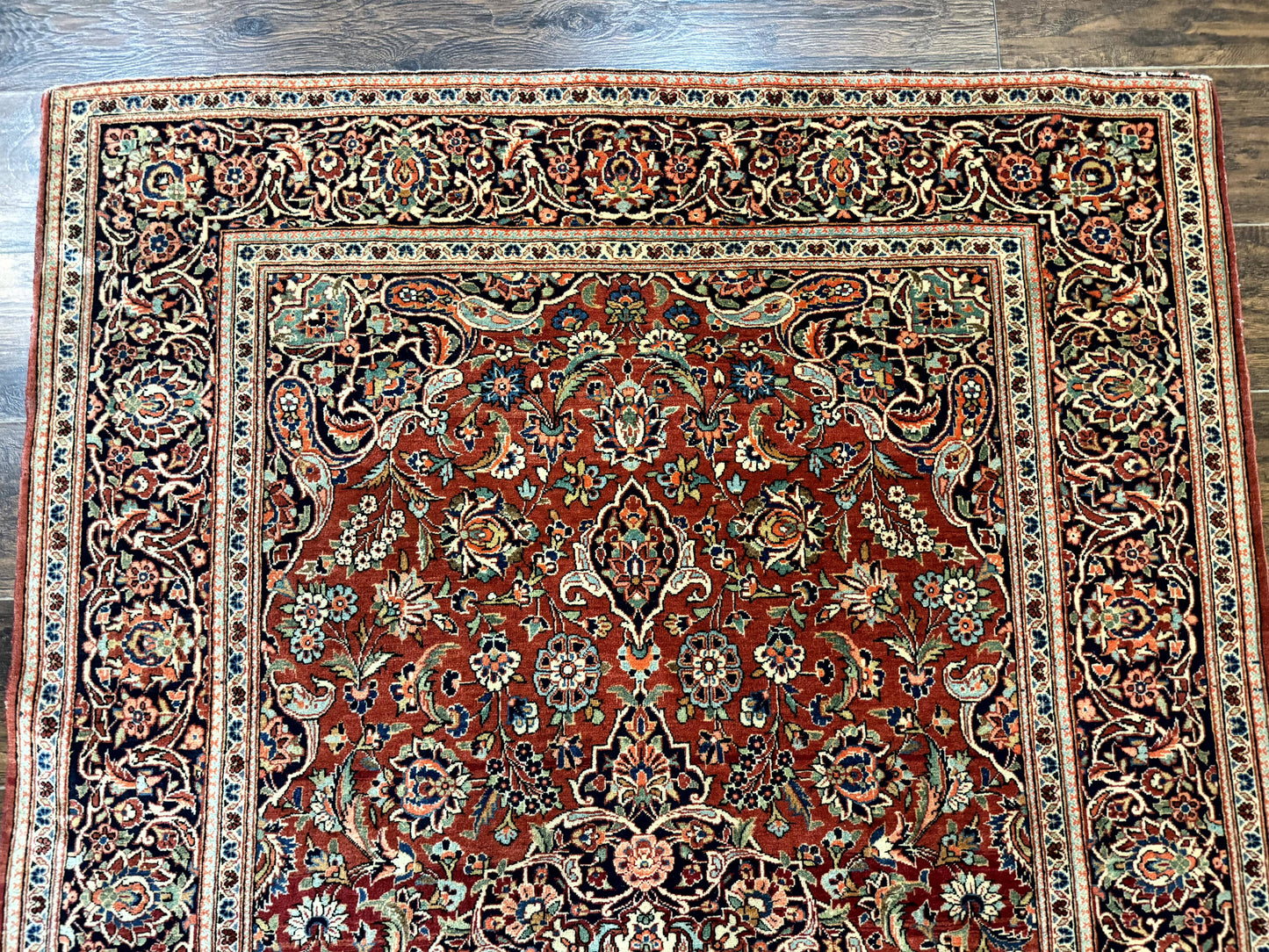 Persian Kashan Rug 4x7, Red and Navy Blue, Floral Antique Carpet