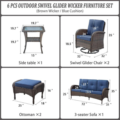 Six Piece Patio Conversation Set Brown Wicker Blue Cushions