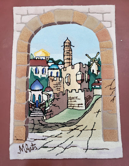 Small Judaica Rug, Rug with Jerusalem Pictorial, Chanuka Gift, Hand-Tufted, Jerusalem Gate, Vintage Judaica, Western Wall Rug, 3x4 Rug
