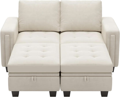 Beige Velvet Modular Sectional Sofa With Storage Sleeper