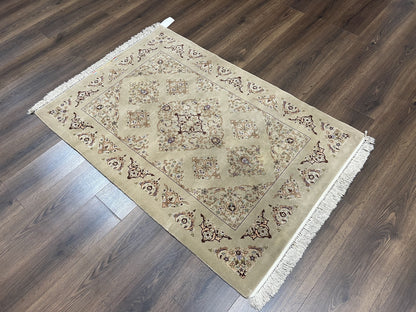 Very Fine Persian Isfahan Rug 3x5 ft with Signature, Kork Wool on Silk Foundation, Gray-Taupe Vintage Hand Knotted Oriental Carpet, 60 Raj 460 KPSI