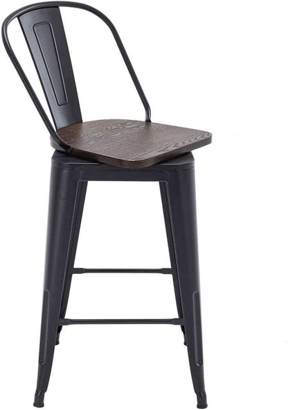 26 Inch Swivel Bar Stools Set Of 4 With Large Wooden Seat Matte Black High Back Design