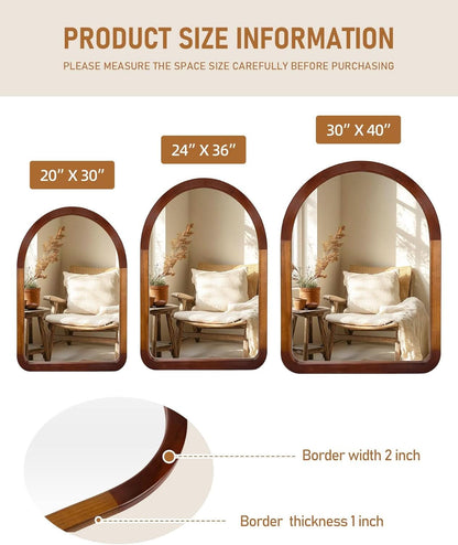 Arched Mirror 24x36 Walnut Brown Wood Frame Wall Mounted