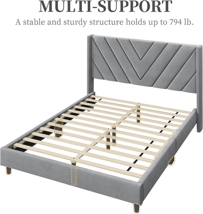 Queen Upholstered Bed Frame With Winged Tufted Headboard Light Gray