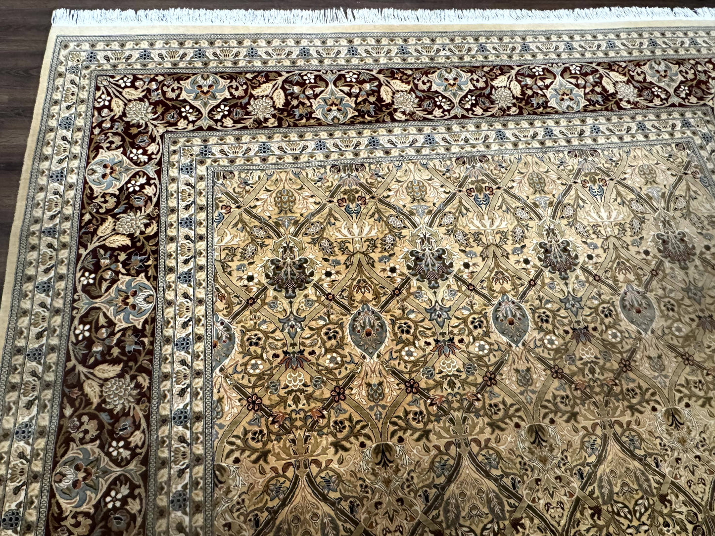 Fine Pak Persian Rug 9x12, Gold and Wine Red, Panel Design, 330 KPSI
