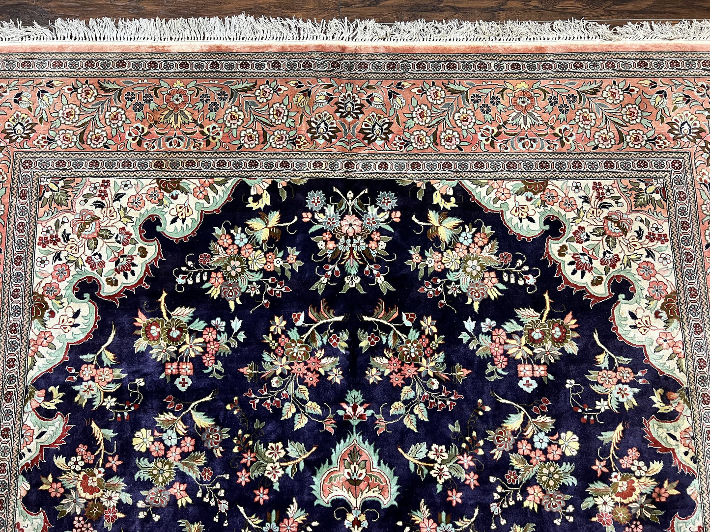 Stunning Silk Persian Qum Rug 7x9, Finely Hand Knotted Navy Blue & Salmon Floral Medallion Authentic Oriental Carpet, Vintage Handmade Silk Ghom Rug, Silk on Silk