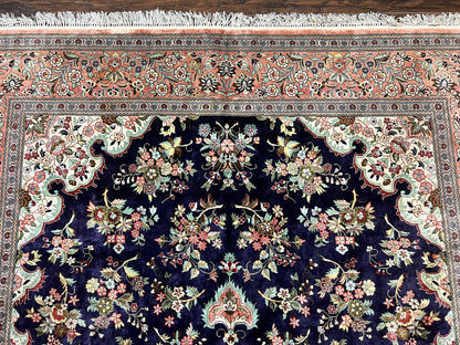 Stunning Silk Persian Qum Rug 7x9, Finely Hand Knotted Navy Blue & Salmon Floral Medallion Authentic Oriental Carpet, Vintage Handmade Silk Ghom Rug, Silk on Silk