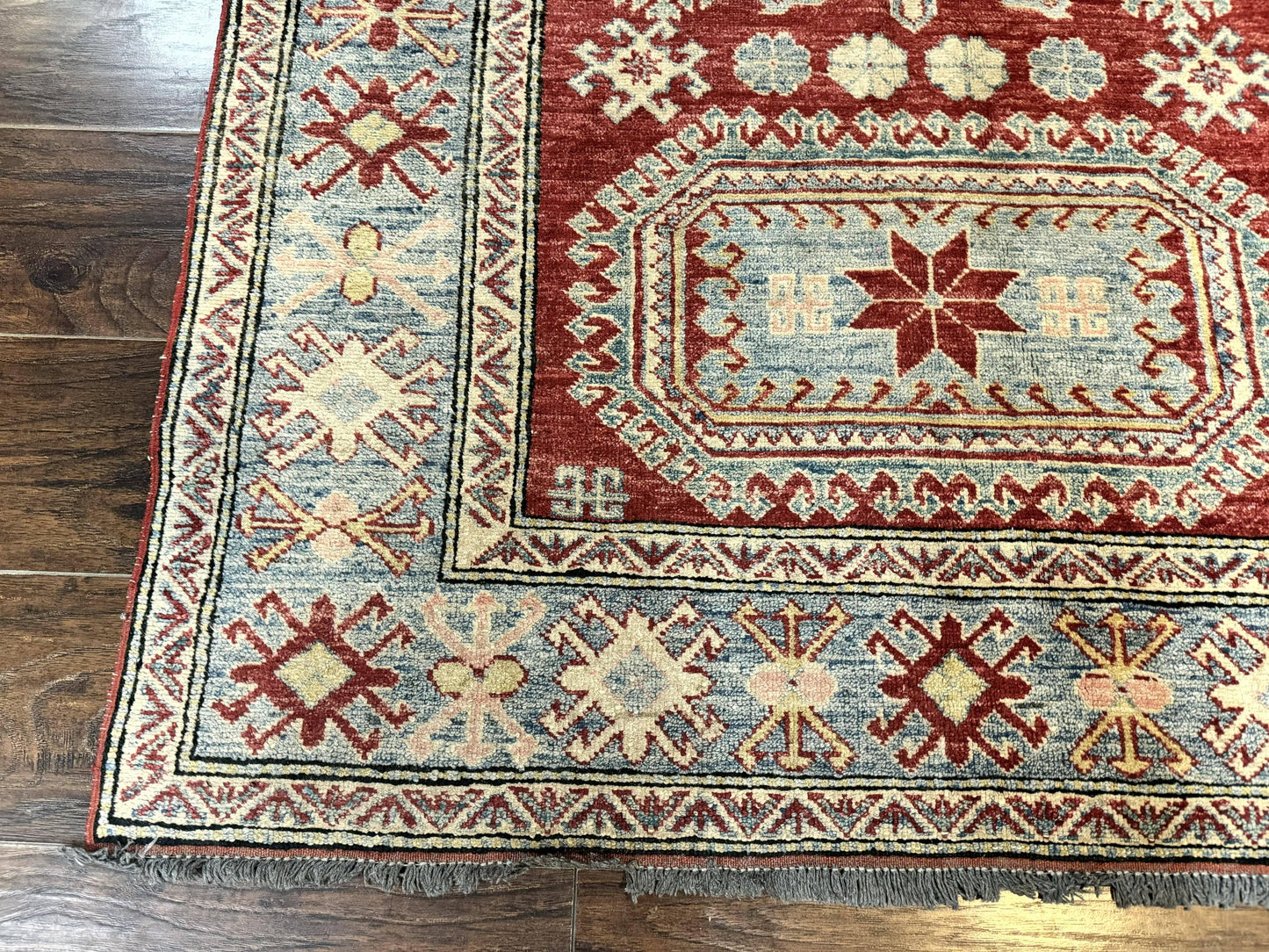 Turkish Kazak Rug 4x6, Handmade Vintage Wool Carpet, Geometric Design, Red and Light Blue