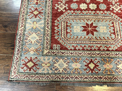 Turkish Kazak Rug 4x6, Handmade Vintage Wool Carpet, Geometric Design, Red and Light Blue