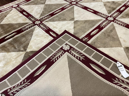 Indo Tibetan Rug 10x14, Nepali Carpet, Large Soft Wool Area Rug, Olive Tan Maroon, Contemporary Rug 10 x 14 ft Living Room Rug, Handmade Rug