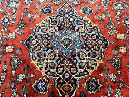 Red Persian Kashan Rug 10x14, Hand-Knotted Semi Antique Floral Medallion Handmade Wool Carpet, Red & Navy Blue