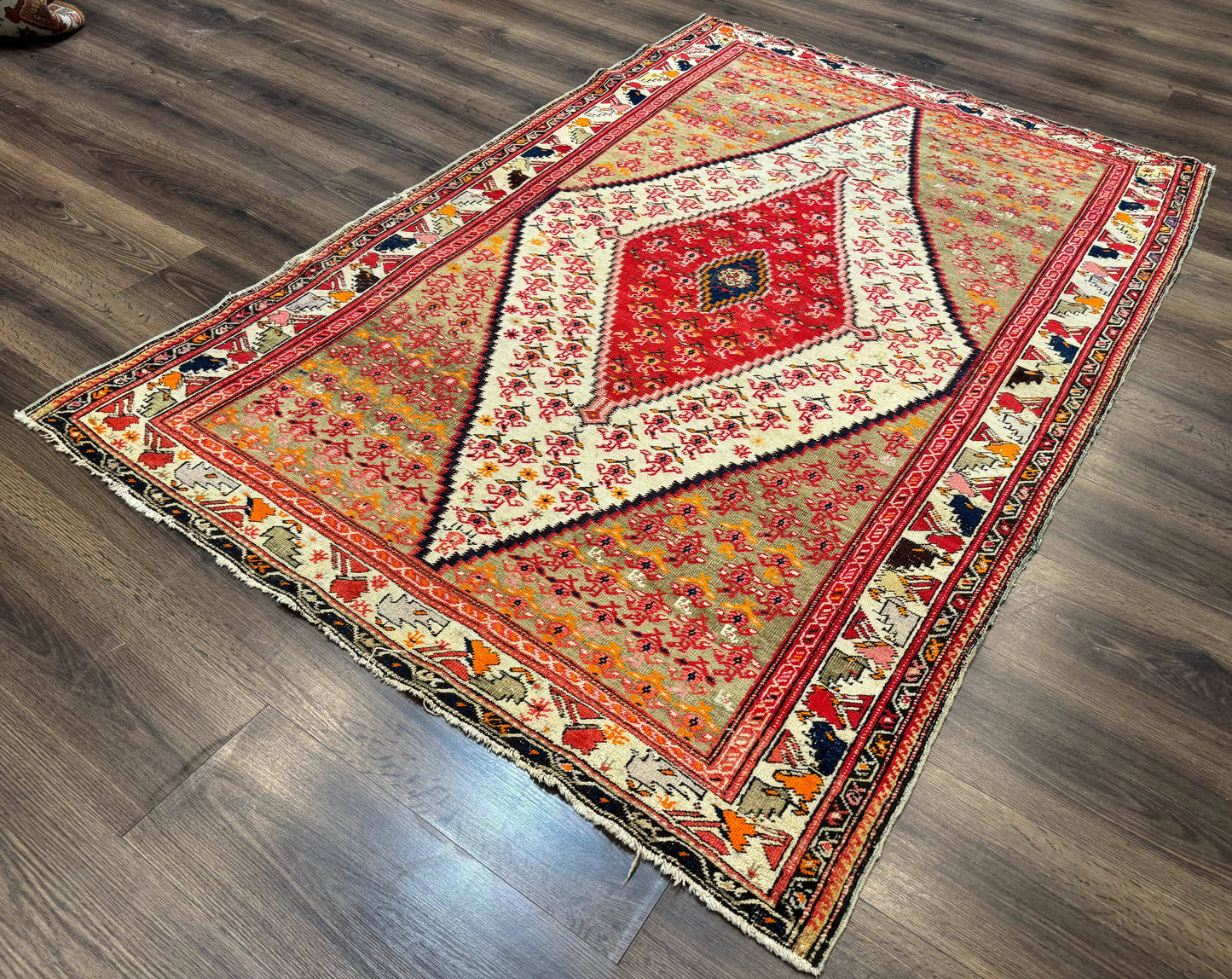 Antique Persian Malayer Rug 4x7, Tribal Senneh Carpet, Geometric, Diamond Design