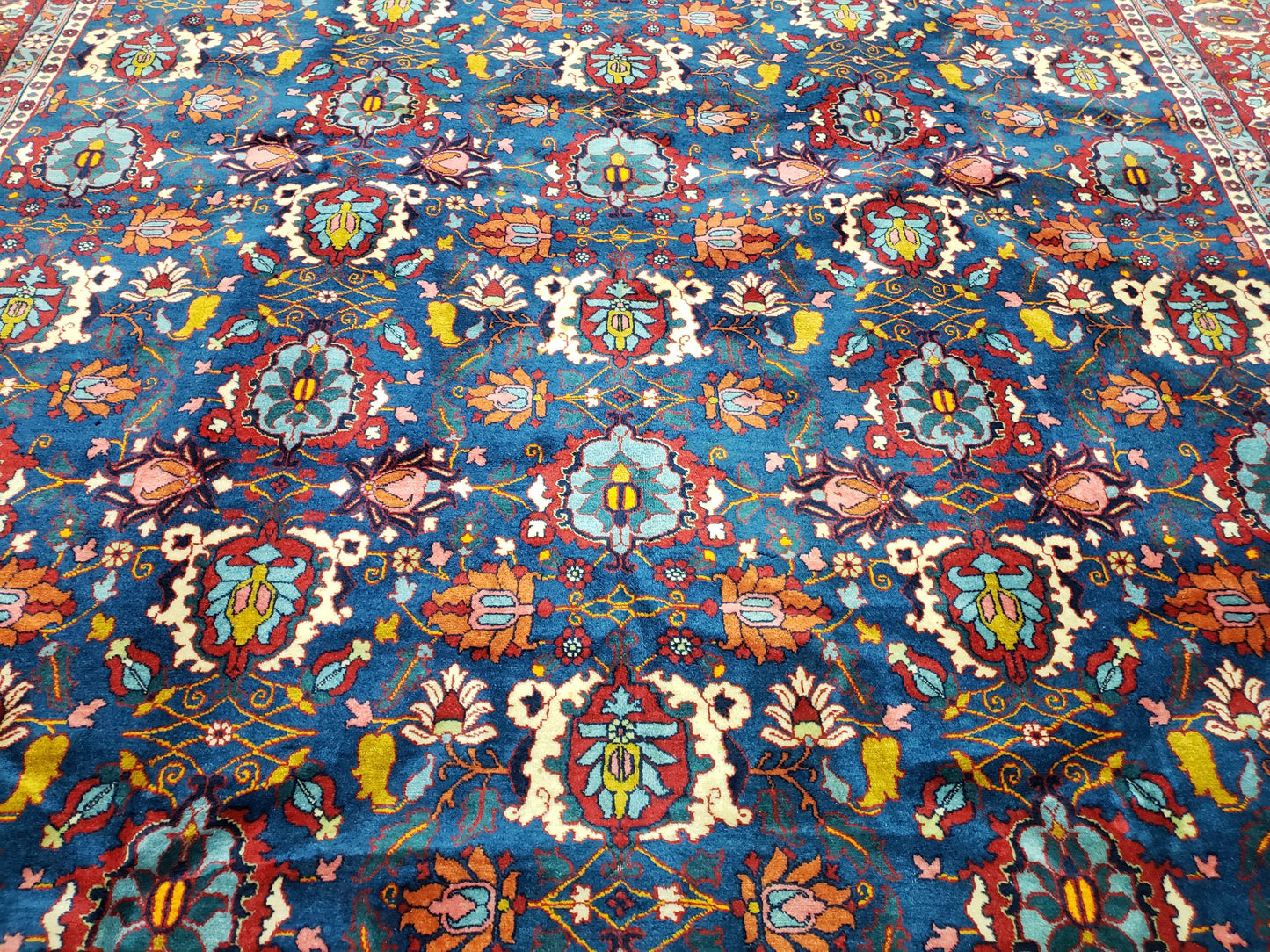 Rare Antique Persian Veramin Carpet, Mina-Khani Pattern, Blue, Red, Ivory, 7x11 ft, Hand-Knotted, Wool
