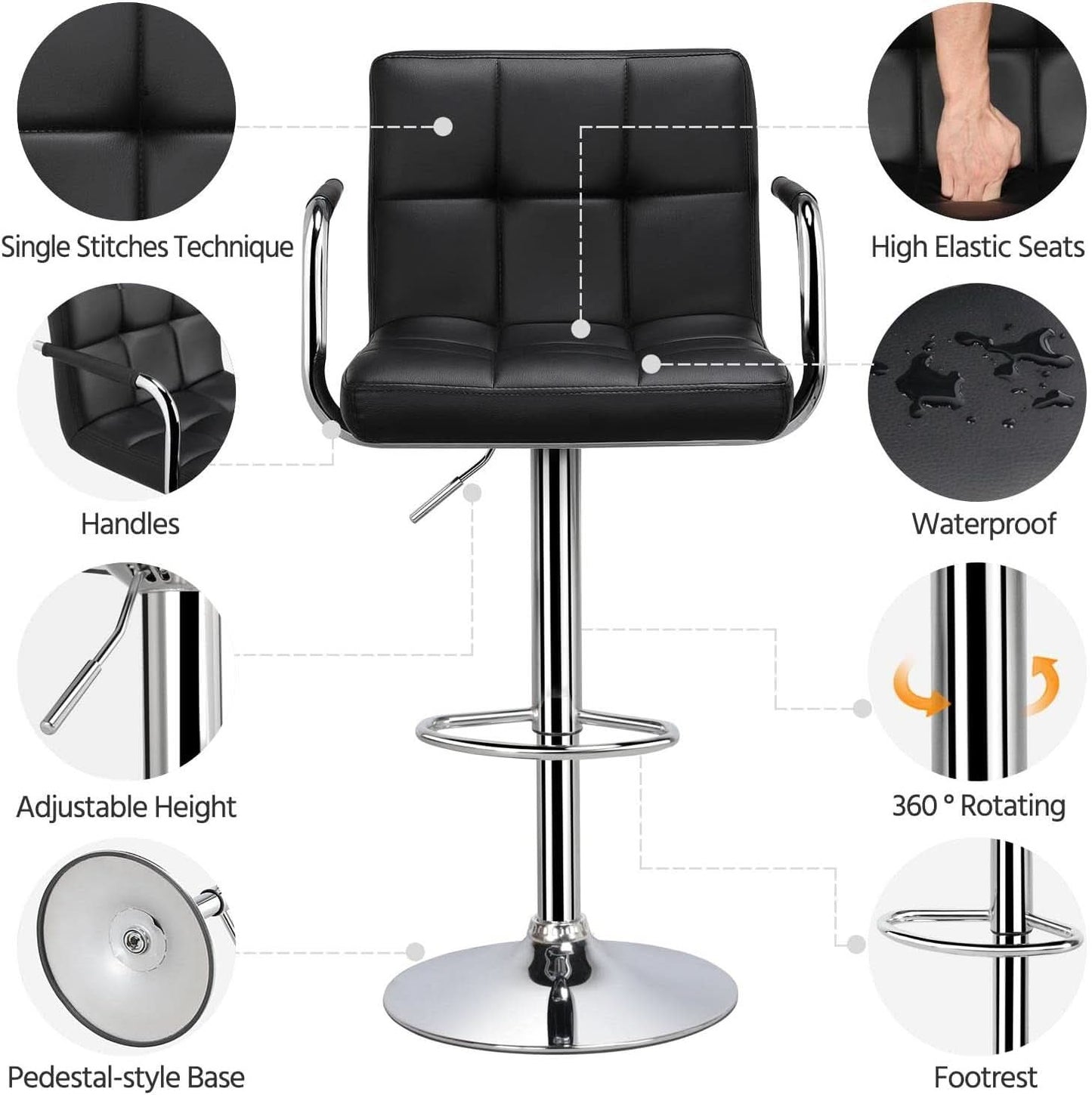 Bar Stools Set Of 2 Adjustable PU Leather Black Swivel