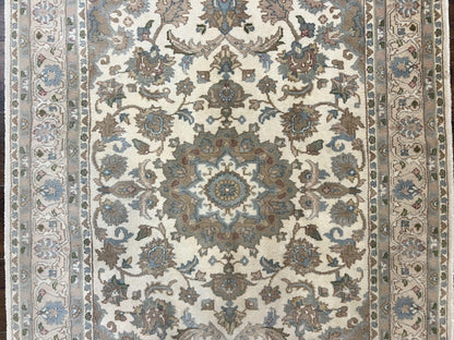 Indo Persian Rug 4x6, Floral Medallion, Beige, Handmade Wool Vintage Carpet 4 x 6 ft