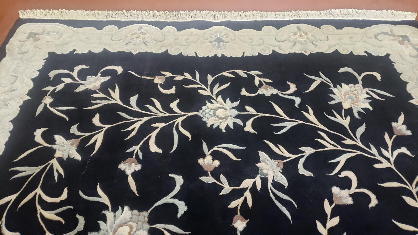 6x9 Vintage Black Gray Chinese Rug 120 Lines Wool Carpet Floral Design Hand-Knotted Soft Pile Entryway Rug Foyer Rug Nice