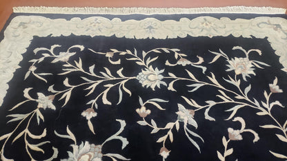 6x9 Vintage Black Gray Chinese Rug 120 Lines Wool Carpet Floral Design Hand-Knotted Soft Pile Entryway Rug Foyer Rug Nice