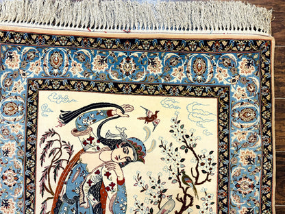Persian Isfahan Pictorial Rug, Two Lovers, Kork Wool on Silk Foundation, Ivory and Light Blue, 500 KPSI Super Fine