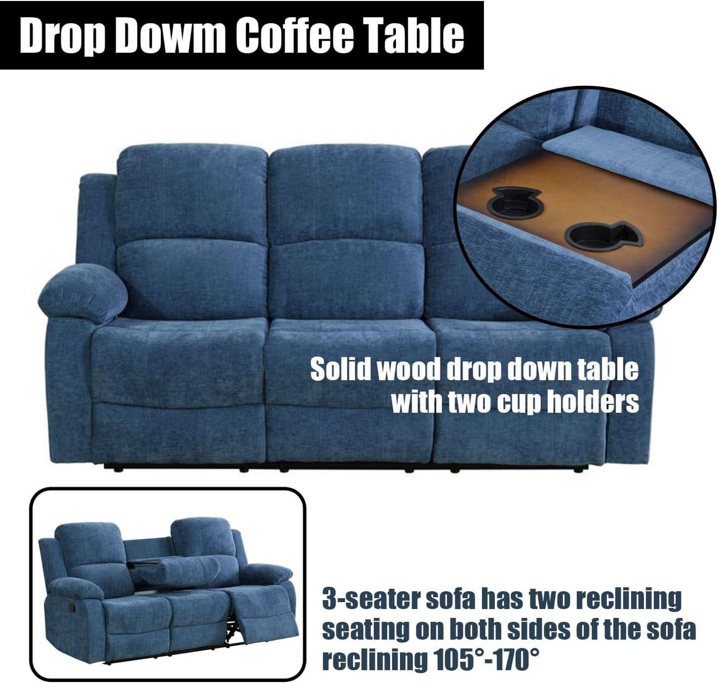 Blue Linen Recliner Sofa Set With Drop Down Table Storage