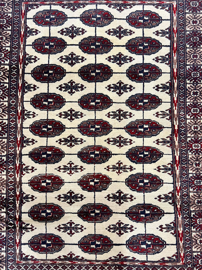 Pakistani Bokhara Rug 4x6, Turkoman Carpet, Vintage Handmade Wool Rug, Ivory