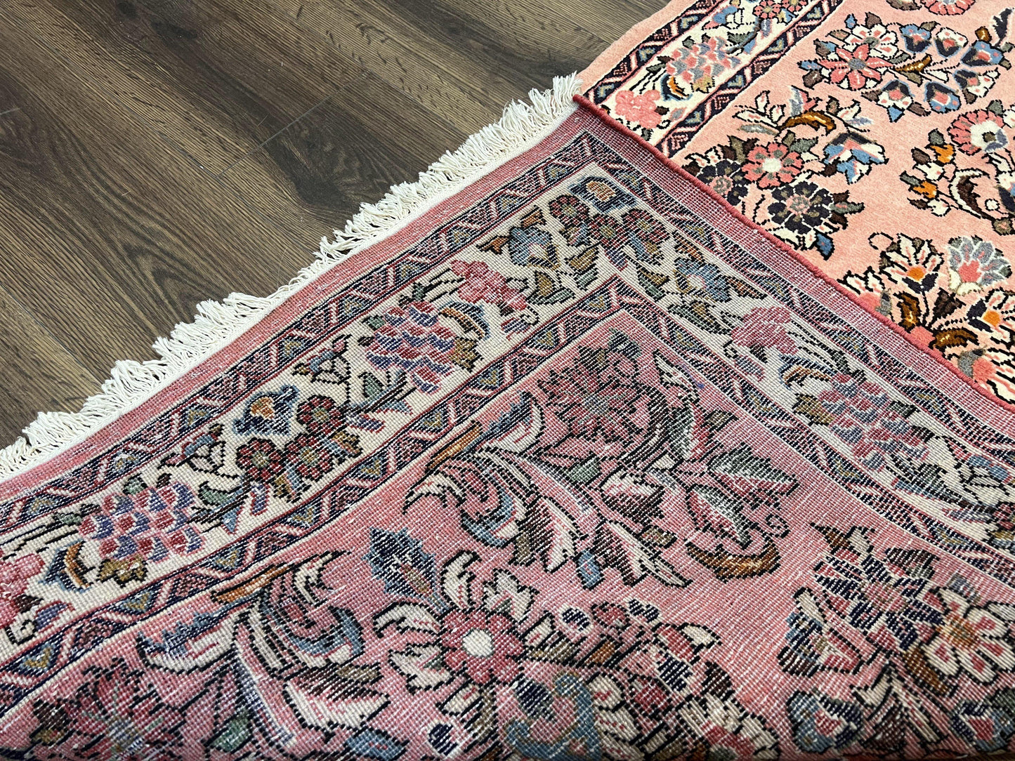 Persian Runner Rug 2.9 x 13.6, Semi Antique Vintage Persian Sarouk Hallway Rug, Wool Oriental Runner, Salmon and Cream, Floral Allover Hand Knotted