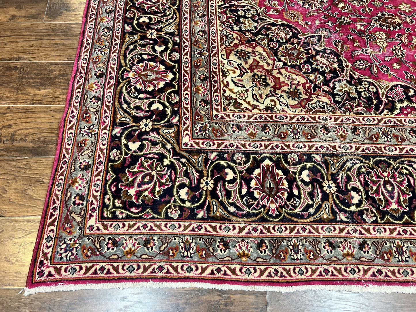 Persian Rug 10x13, Wool Hand Knotted Antique Kashmar Carpet, Raspberry Red & Navy Blue, Floral Medallion, Traditional Oriental Rug 10 x 13