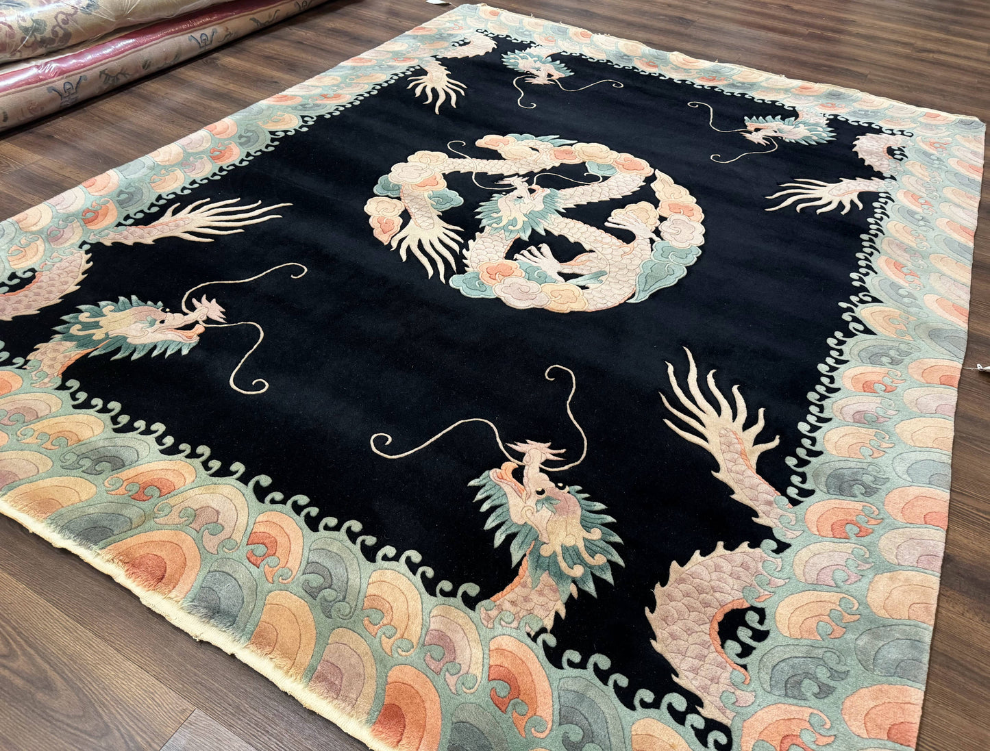 Black Chinese Wool Rug 8x10 with Dragons, Rainbow Borders, Rare