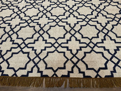 Indian Kilim Rug 8x10, Oat and Navy Blue, Dhurrie Carpet, Handmade, Wool