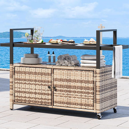 Large Outdoor Kitchen Rolling Cart With Black Glass Top