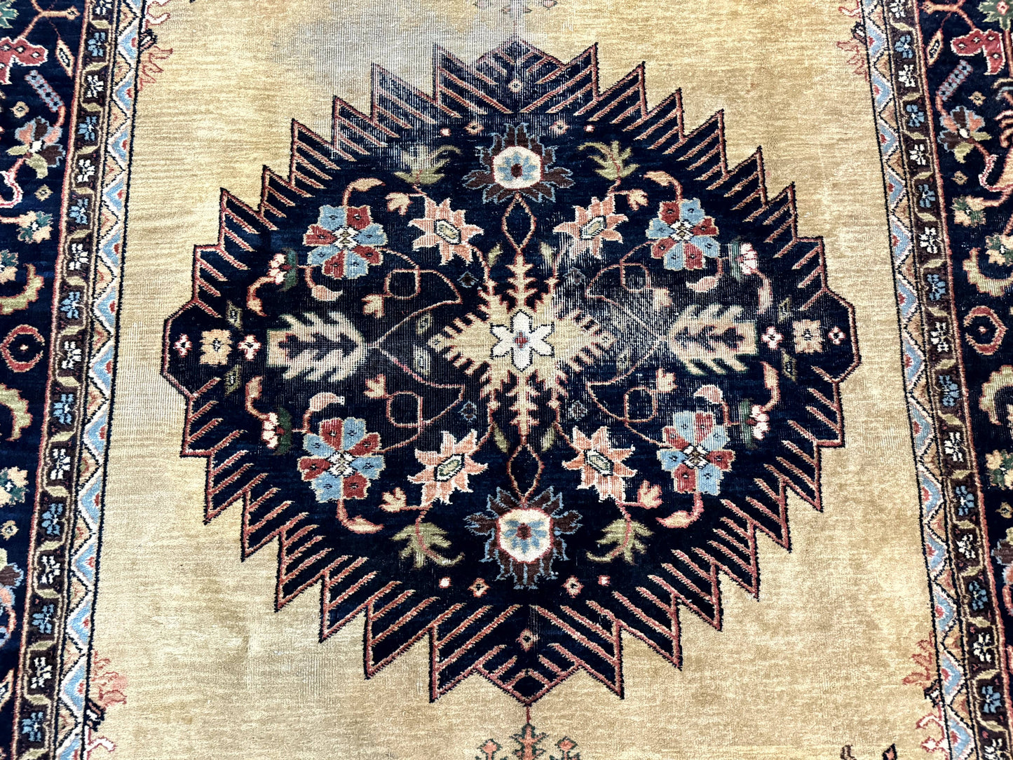 Indo Persian Heriz Rug 8x12, Camel Hair Tan and Navy Blue, Decorative