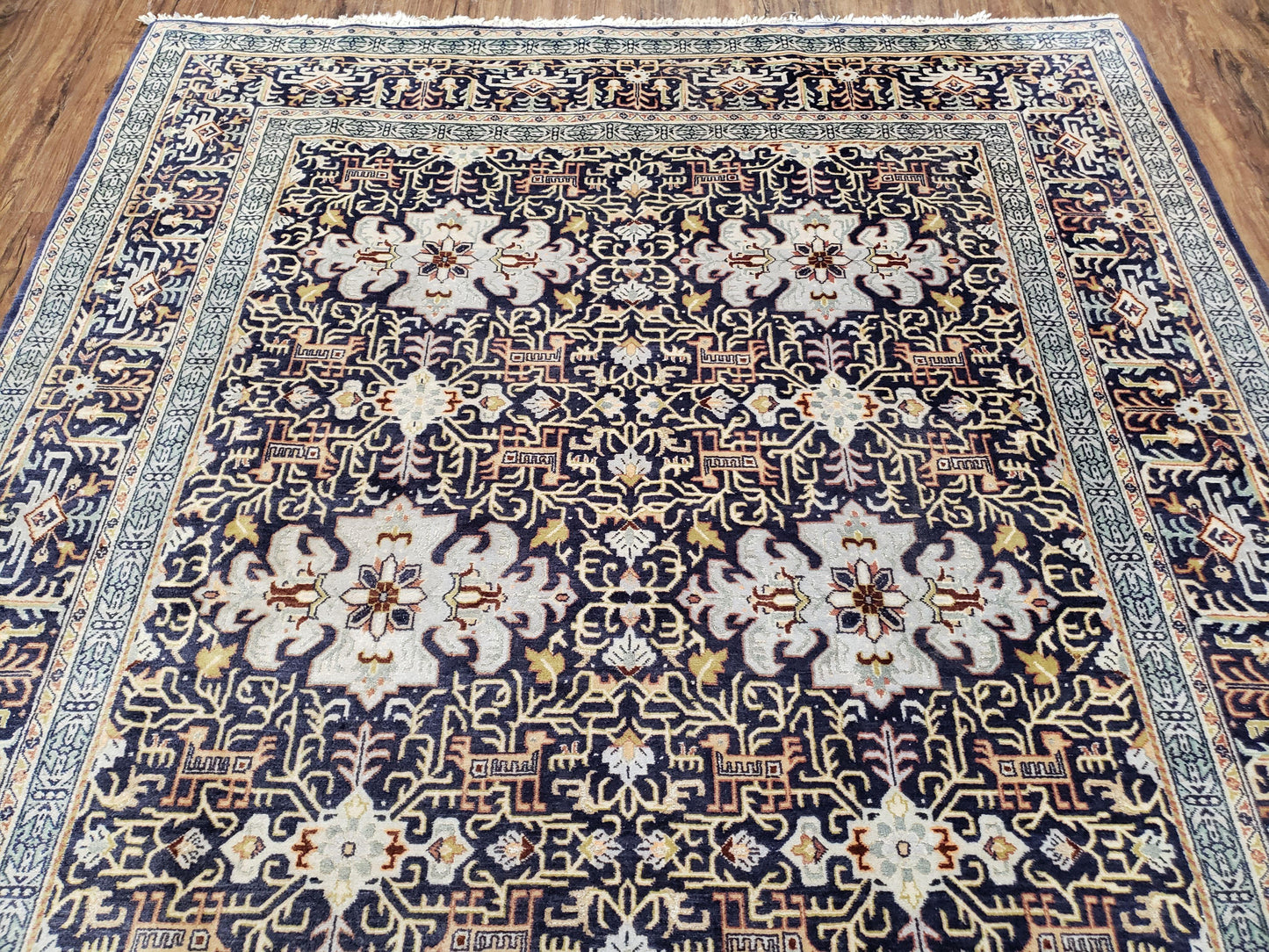 Semi-Antique Persian Kashan Rug, Midnight Blue & Ivory, Hand-Knotted, Wool, 4' 8" x 7' 4", Pair A