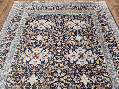 Semi-Antique Persian Kashan Rug, Midnight Blue & Ivory, Hand-Knotted, Wool, 4' 8" x 7' 4", Pair A
