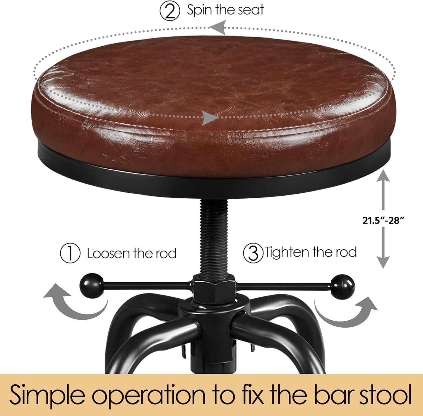 Industrial Bar Stool Adjustable Brown Counter Height
