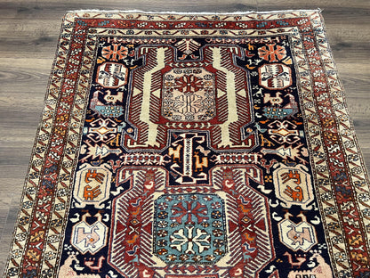 Persian Ardabil Wide Runner Rug 4x10 - Geometric Medallions & Animal Pictorials