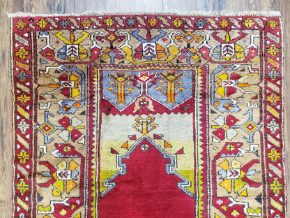 Antique Turkish Prayer Rug 3.8 x 5ft, Colorful Prayer Rug, Red Blue Gold Multicolor Turkish Anatolian Carpet, Handmade Hand-Knotted, Wool