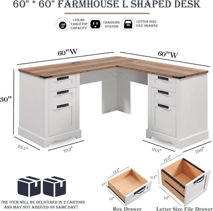 60 Inch Farmhouse L Shaped Desk Antique White With Drawers