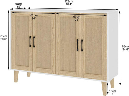 Buffet Storage Cabinet White Rattan Decor 4 Doors 48 Inch