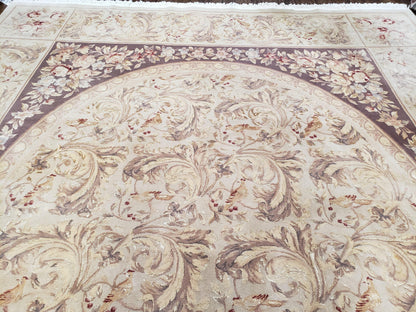 Chinese Aubusson Savonnerie Area Rug 8x12, Vintage 120 Line Carpet, Wool and Silk Hand-Knotted, Birds Flowers Master Weaver Signature