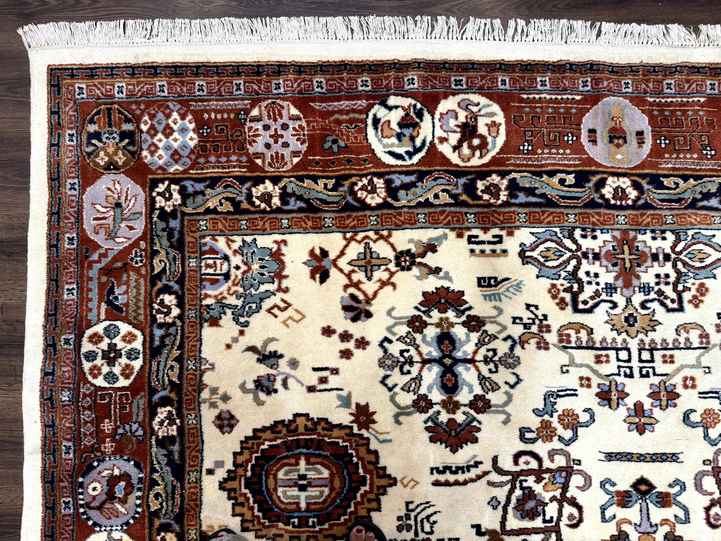 Indo Chinese Wool Rug 9x12, Ivory and Rust Red, Dragon Motifs