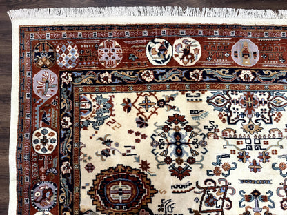 Indo Chinese Wool Rug 9x12, Ivory and Rust Red, Dragon Motifs