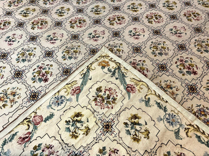 Needlepoint Rug 10x14, Wool Handmade Vintage Needlepoint Carpet, Floral Panel Design, Ivory/Cream