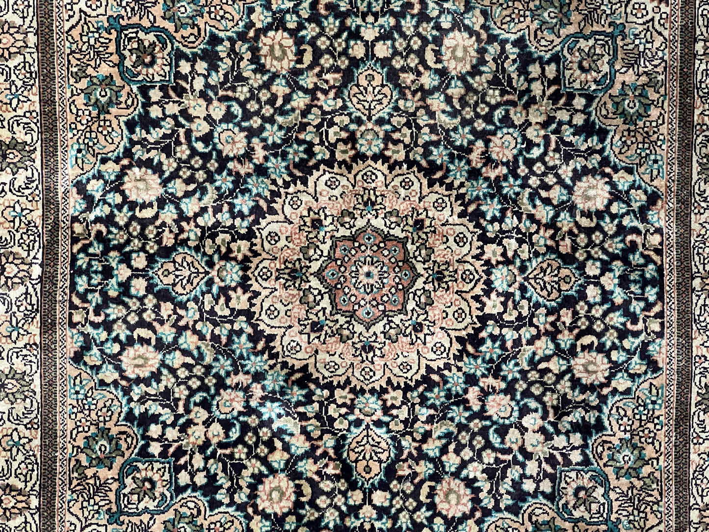 Sino Persian Silk Rug 2x2 ft, Very Fine High KPSI Small Silk Oriental Carpet, Hand-Knotted, Medallion, Vintage Silk Rug, Black Ivory/Cream