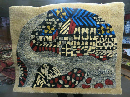 3' X 4' Vintage Hand Crafted Israel Wool Rug Carpet Wall Hanging Signed Hebrew