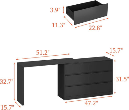 Black 6 Drawer Dresser With Rotatable Extendable Tabletop